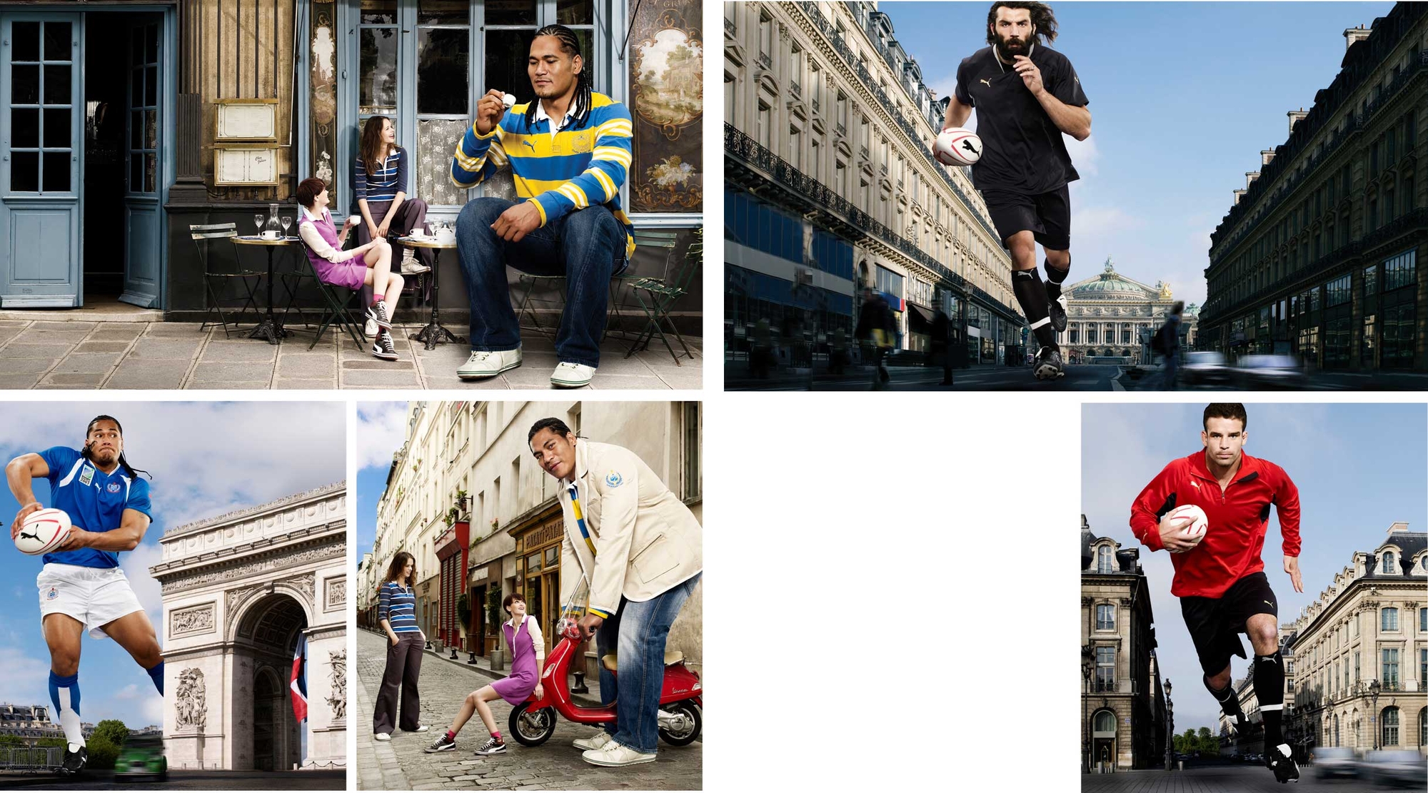 Puma rugby ad layouts, rugby players in a variety of city ads