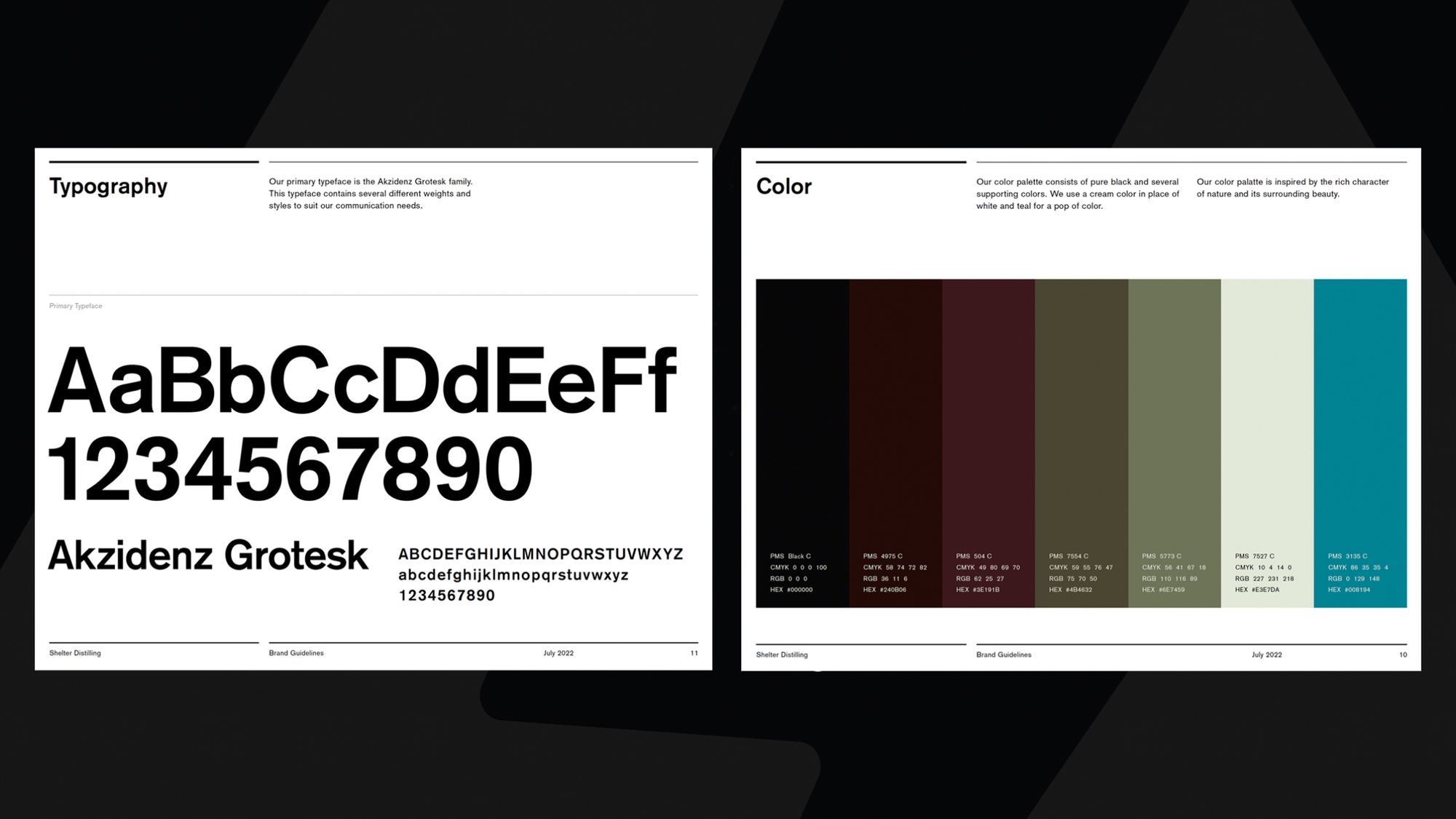 Shelter Distilling brand guidelines showing typography and colors