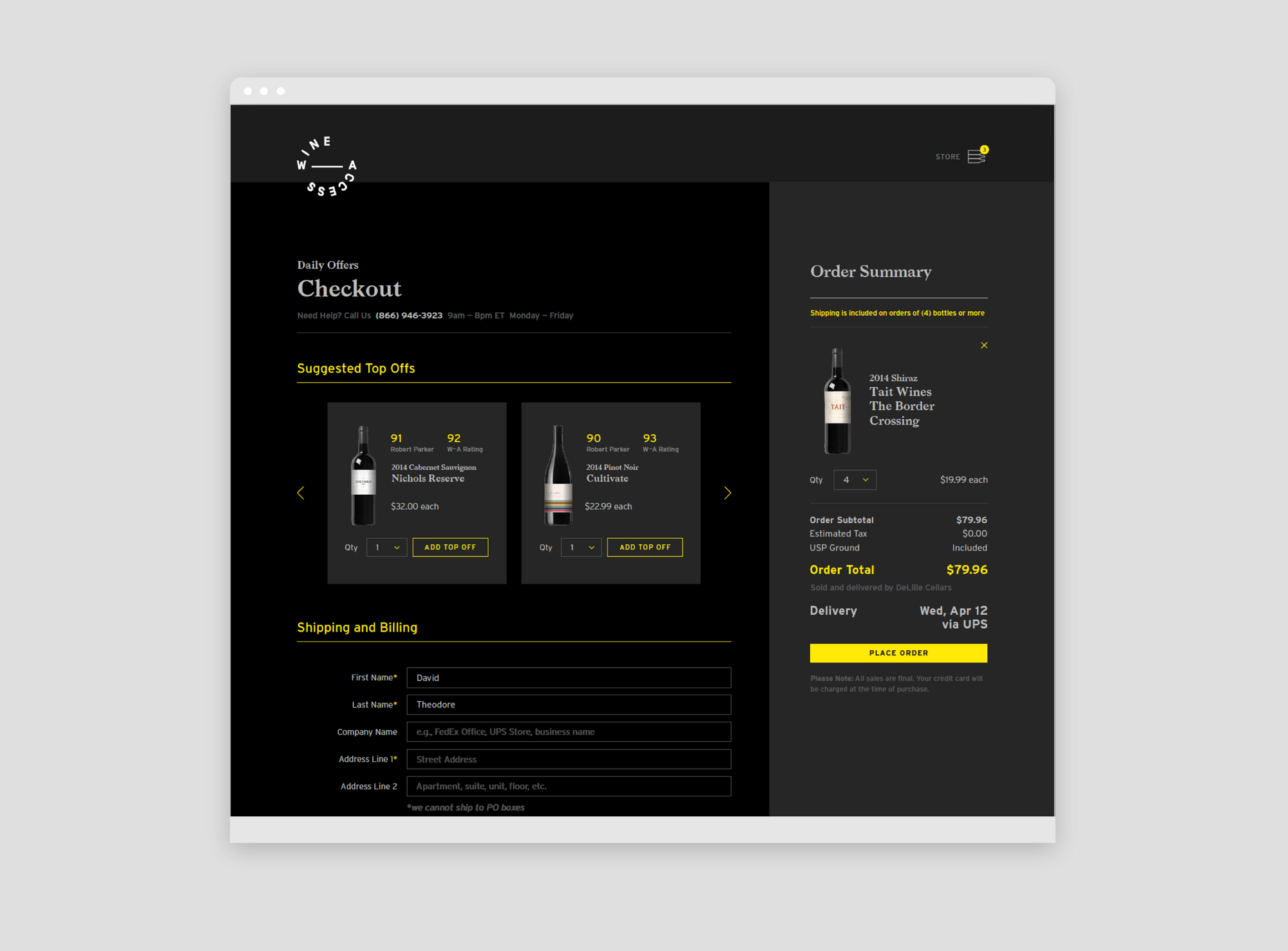 WineAccess website design, checkout page. Wine bottles with pricing and info
