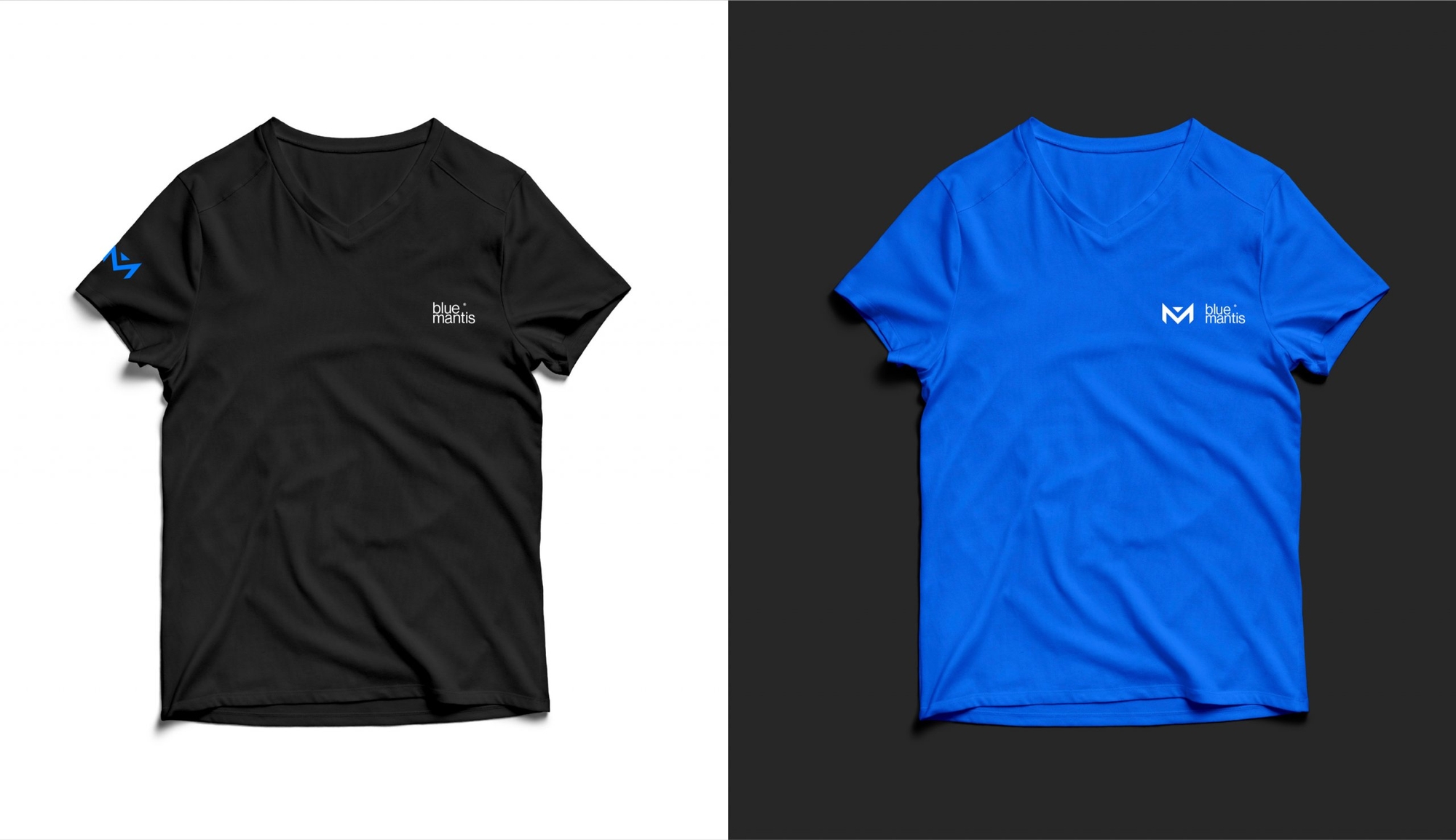 Blue Mantis logo on t-shirts