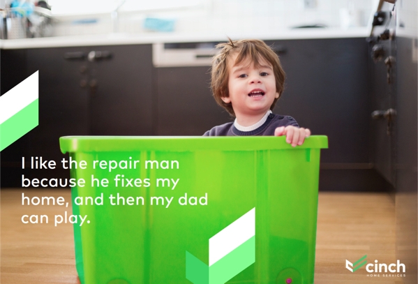 Cinch Home Services magazine design further exploration - child playing in storage container
