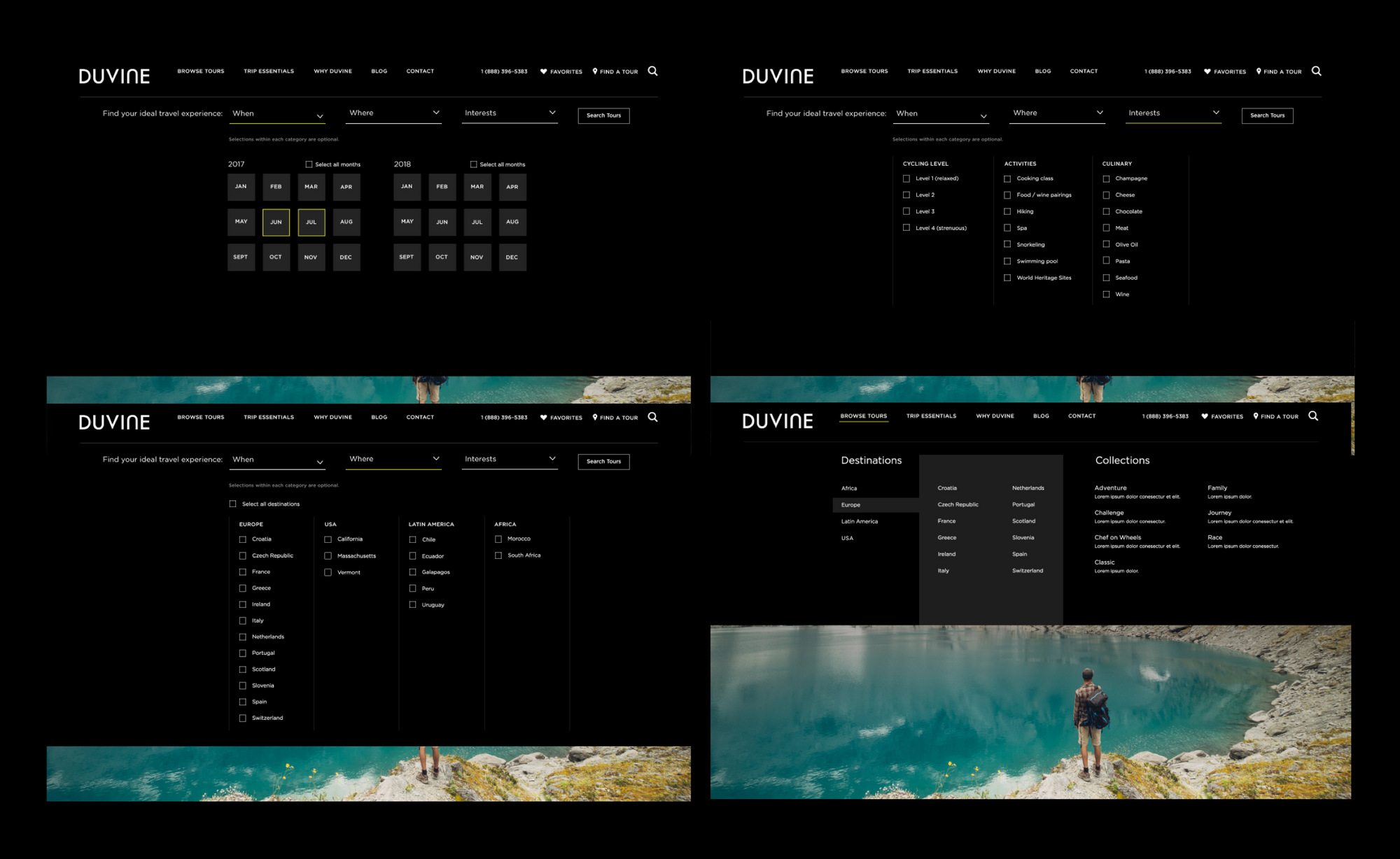 Screenshots of the searching for a trip on the DuVine website