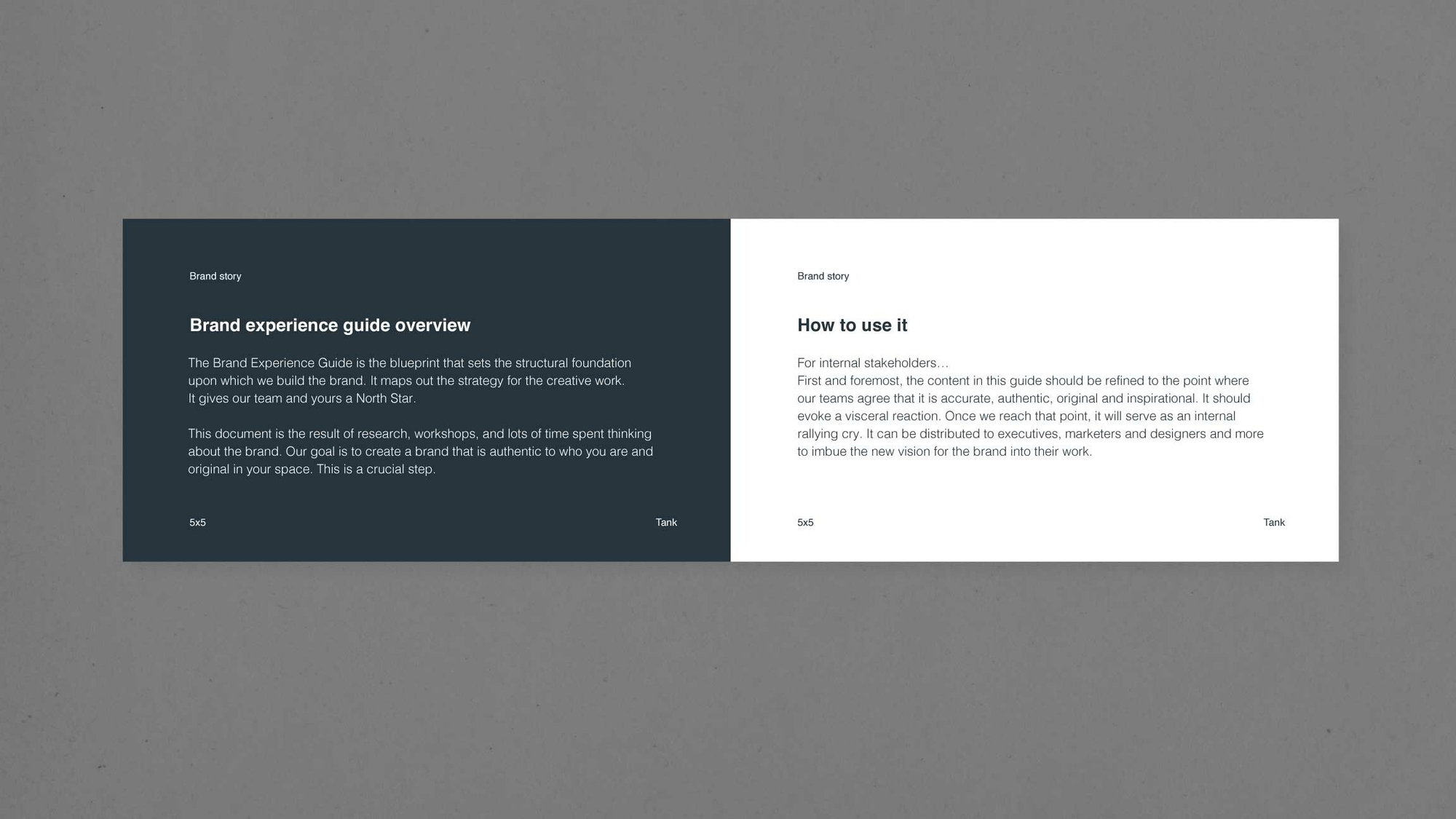 Two pages from the 5 by 5 brand strategy document.