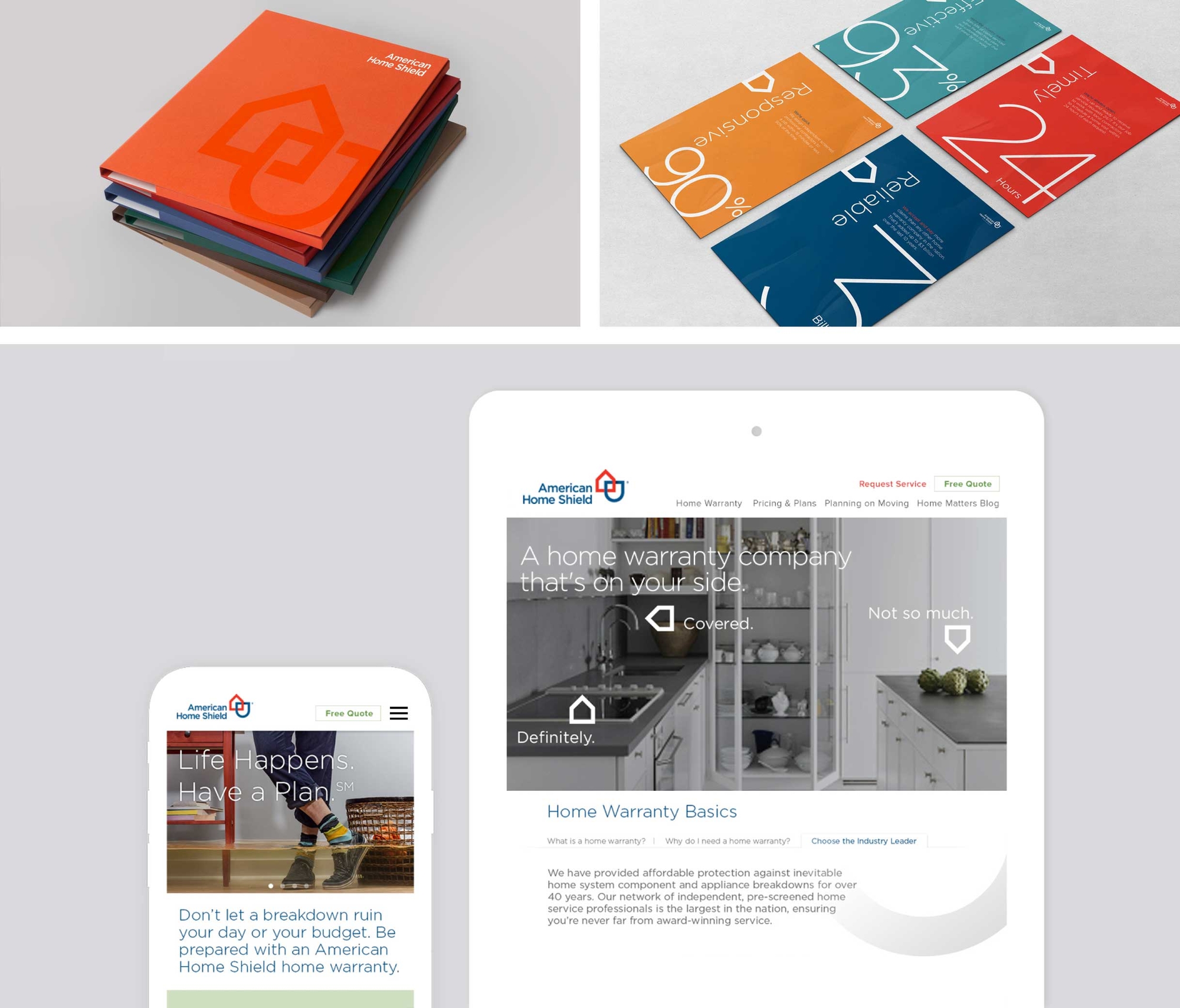 American Home Shield brand collateral - photographic stills of point of sale materials in various brand colors and mobile and tablet website stills