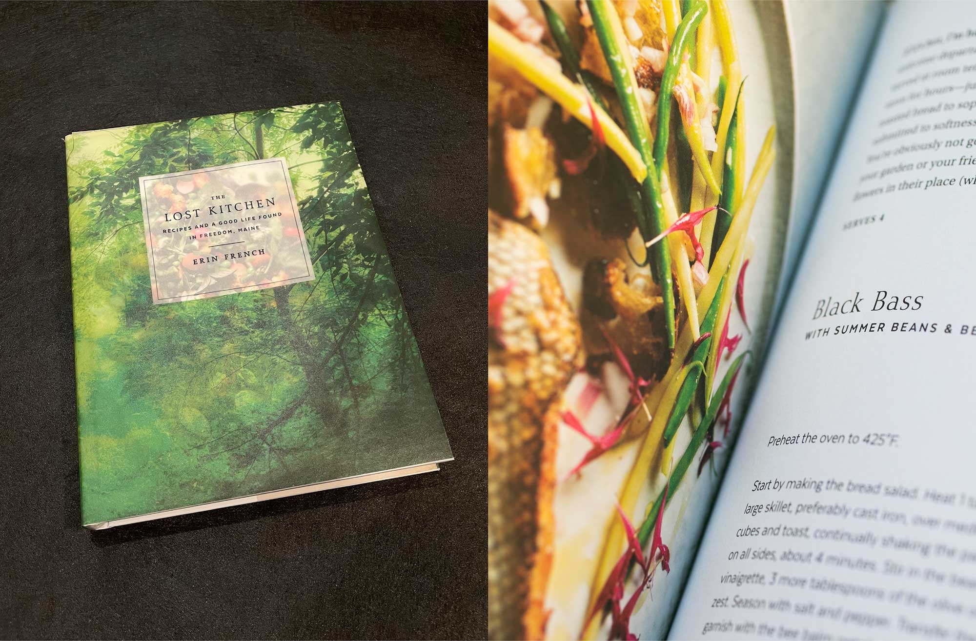 The Lost Kitchen cookbook cover shot with inset side by side