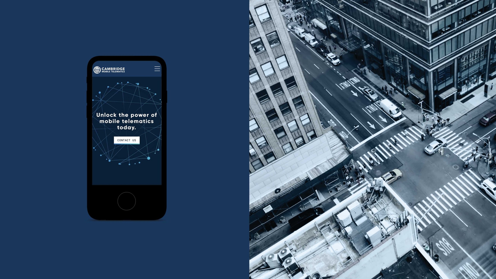 Cambridge Mobile Telematics mobile design on mobile device side by side with still aerial photo of downtown city