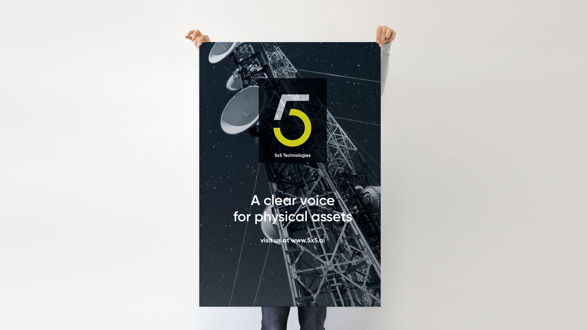 A person holding a posted for a 5 by 5 advertisement.
